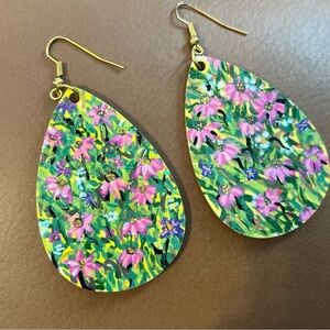 Floral Teardrop Earrings - Pink and Green